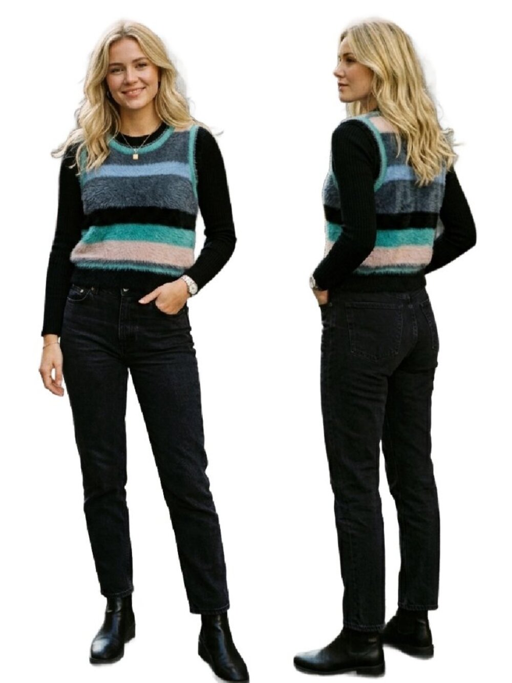 Multicolor Striped Fuzzy Knit Sleeveless Sweater Vest Size M